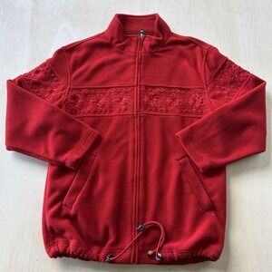 FU DA Fleece Jacket Womens Medium Red Embroidered Floral Full Zip Pockets